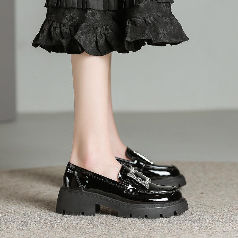 Rhinestone Buckle Small Leather Shoes Woman Japanned Oxford Platform Flats Ladies Thicken Sole Loafers Wide Feet Sneakers Female