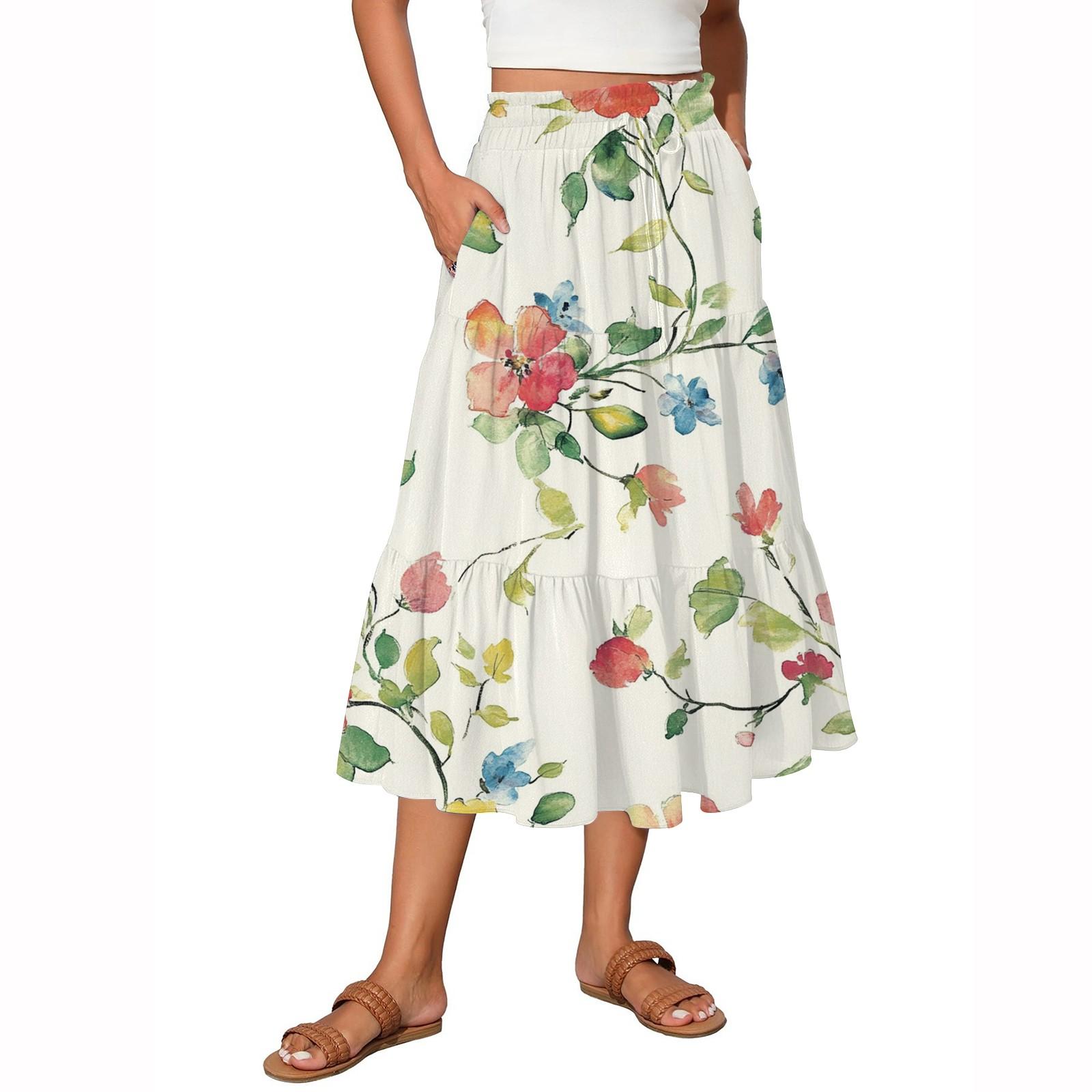 

Women s Flowy Flared Ruffle Hem A Line Maxi Skirts Elastic Waist Elegant Tiered Layer Boho Long Skirts XL білий