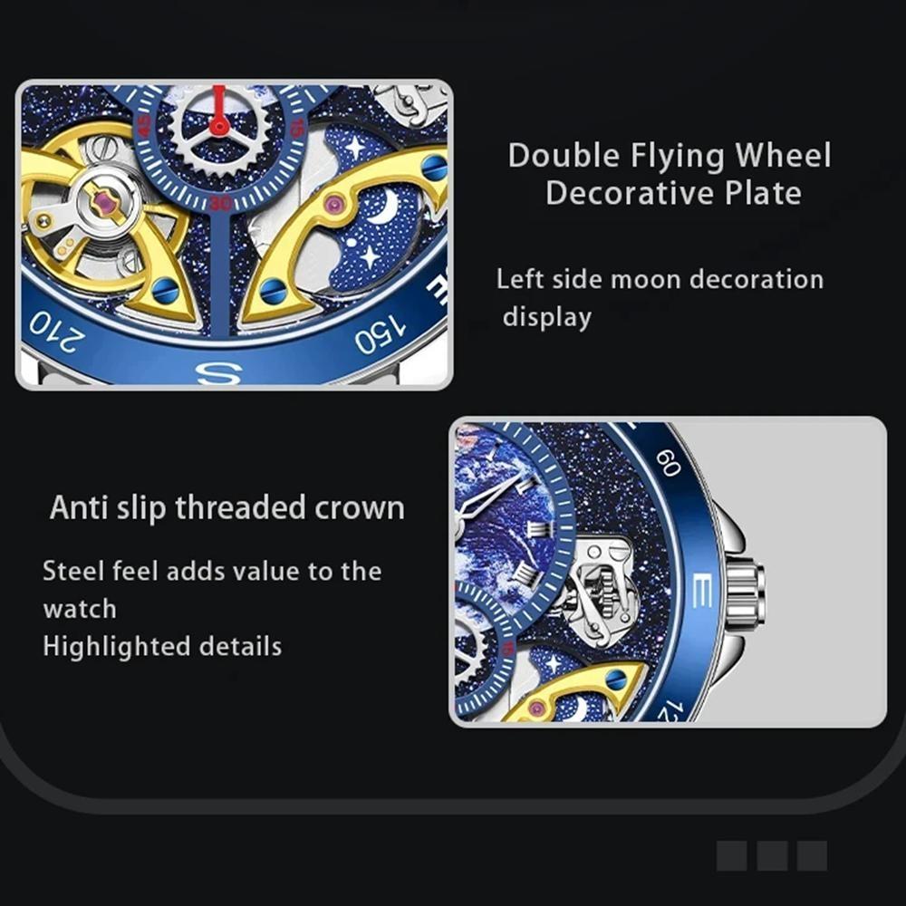 Luxury Double Tourbillon Mechanical Watch Men Business Leather Starry Sky Dial Waterproof Men Automatic Watch