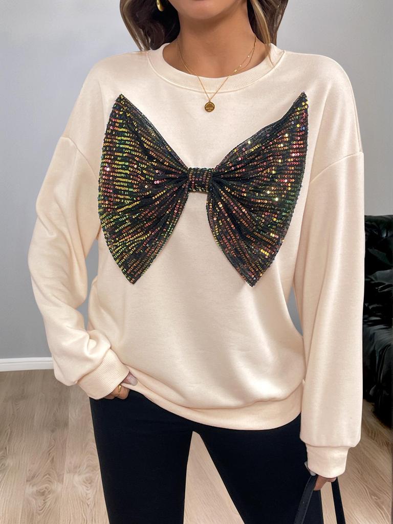 Yiyi Autumn Winter Sequin Bow Pullover Hoodie with Round Neck for Women