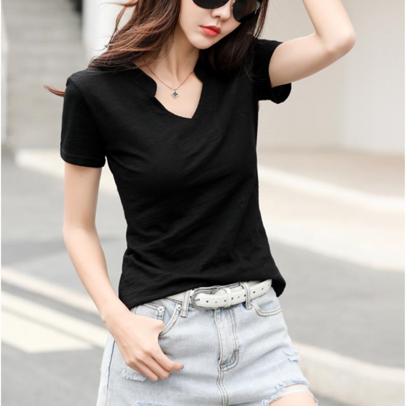 Summer Solid Loose Short Sleeve Women's T-shirt Fashion Top V-neck Casual Cotton Base T Shirt for Women Simple Office Ladies Plus Size Tee Shirt 24995