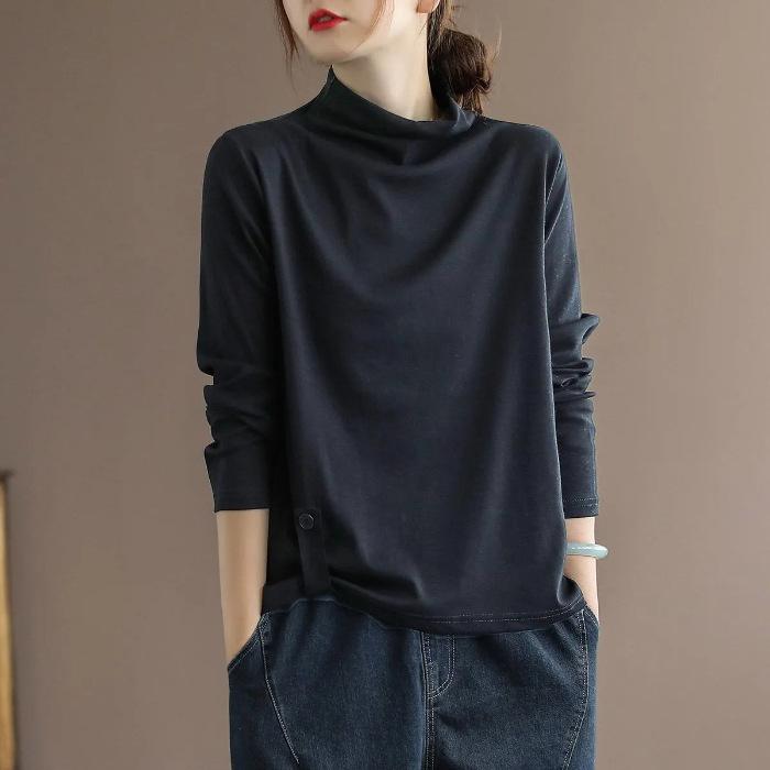 

Новая женская универсальная футболка с длинными рукавами и высоким воротом однотонной расцветки большого размера, свободная прилегающая базовая футболка 4XL чёрный