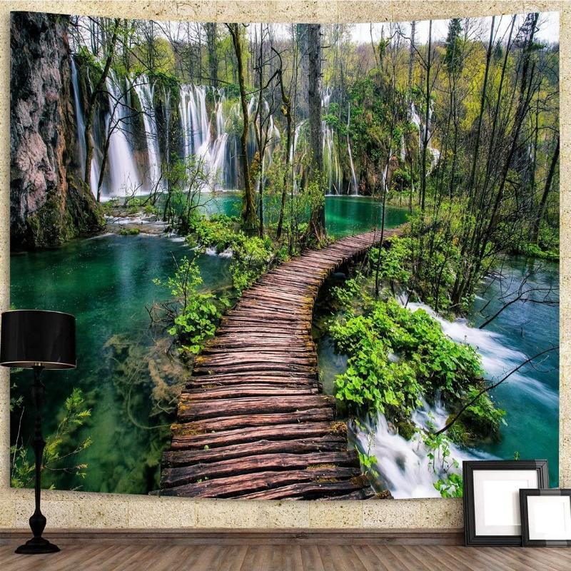 Green Nature Landscape Tapestry Rainforest Tapestry Waterfall Tapestries River Wooden Bridge Wall Hanging Tapestry For Living 70x100CM