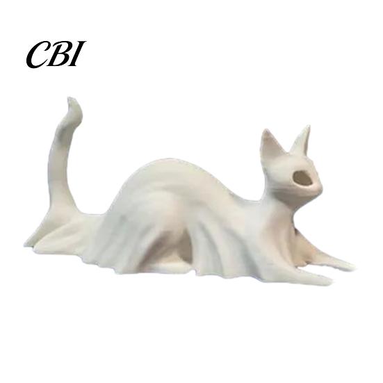 Ghost Skirt Cat Sculpture 3D Printed Statues, Halloween Haunted Kitten Figurines with Hollow Eyes Durable Statue & Flowing Drapes, Matte White Spooky