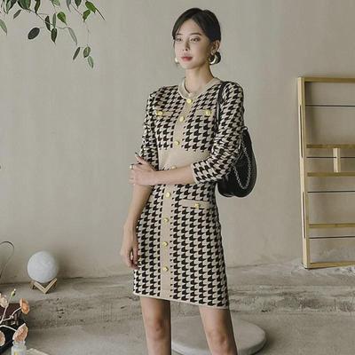 2023 Korean Style Retro Houndstooth Knitted Sweater Dress – Women's Fashion, Waist-Fit, Fake Two-Piece Design