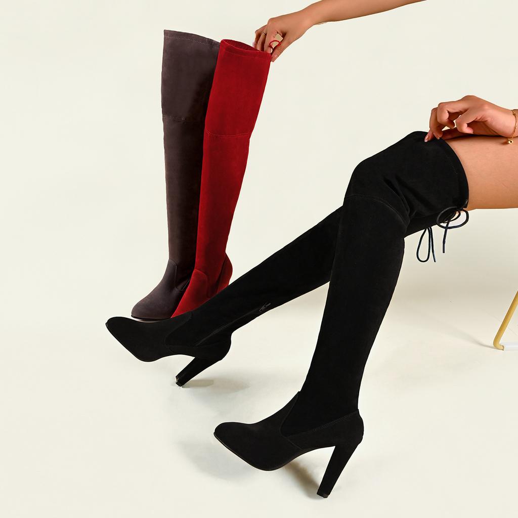 Fashion Women Boot Faux Suede Women Over The Knee Boots Lace Up Sexy High Heels Shoes Woman Female Autumn Solid Slim Thigh High Botas