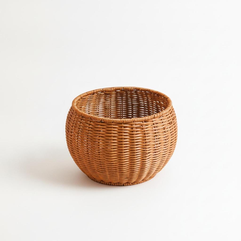 Tea-Brown Woven Organizer Tabletop Round Belly-Shaped Basket Rustic