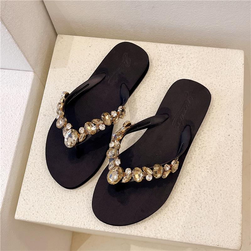 Women s Colorful Rhinestone Flat Heel Sandals - Summer Korean Sequin Thong Beach Slippers 36 чёрный