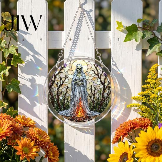Halloween Party Hanging Props Acrylic Puzzle Window Suncatcher, Stained Glass Style Ornament Classroom Festive Wall Sign with Metal Chain, Decorative