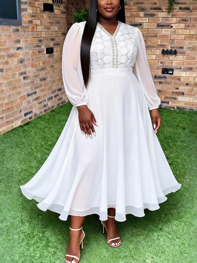 Weißes Spitzen-Chiffon-Kleid für Damen in Übergröße mit V-Ausschnitt, Fledermausärmeln & taillierter Taille für Hochzeiten oder Partys