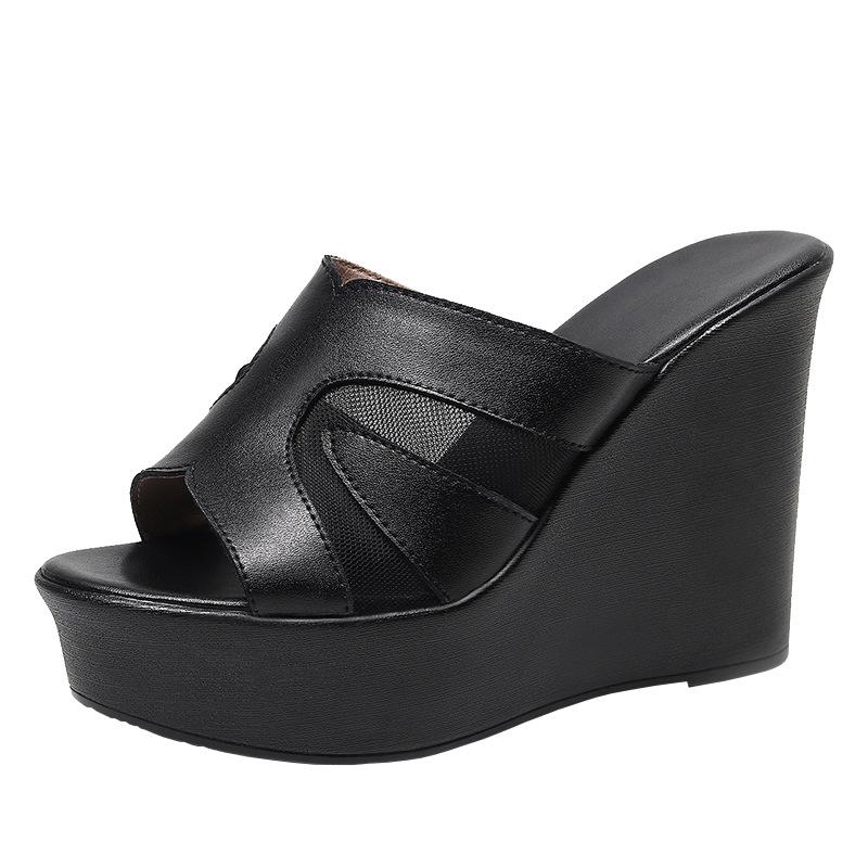 Fashion Outside Wear Slope Heel Shoes Summer Platform Hollow High Heel Fish Mouth Mesh Slippers Large Size Casual Zapatos Mujer