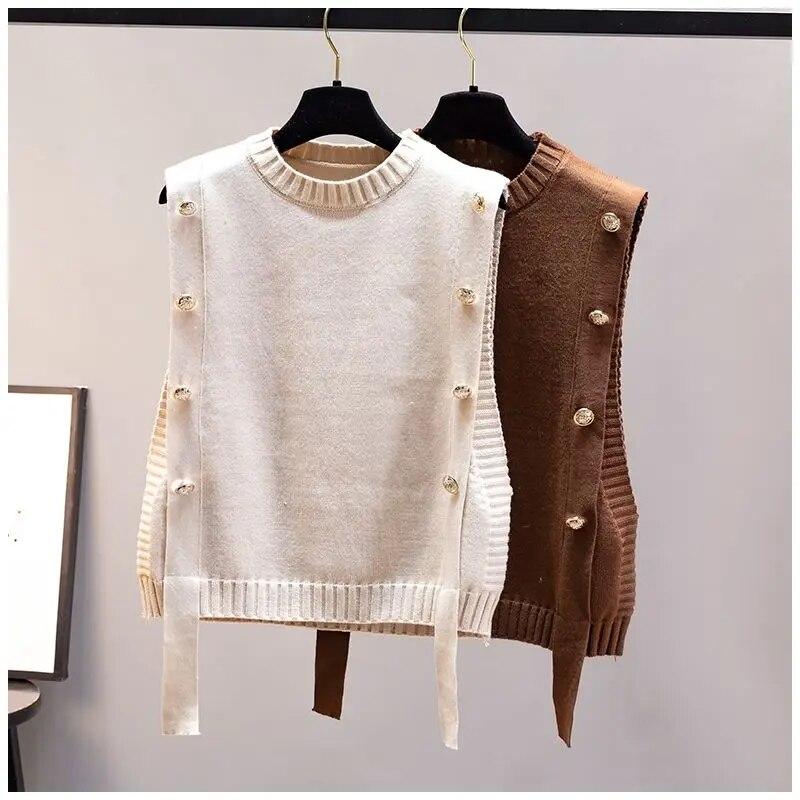 Women's Waistcoat Autumn Outer Wear Pullover Sweater Fashion Casual Ladies Sleeveless Round Neck Knitted Top