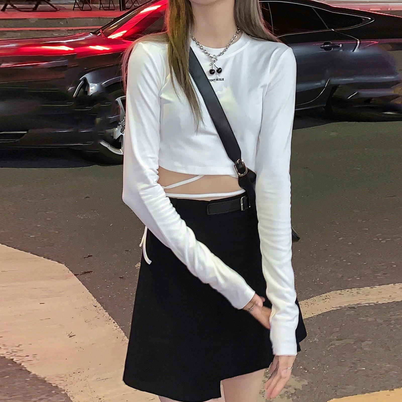 

Женская модная футболка с длинными рукавами, приоткрывающая низ, короткий топ L белый