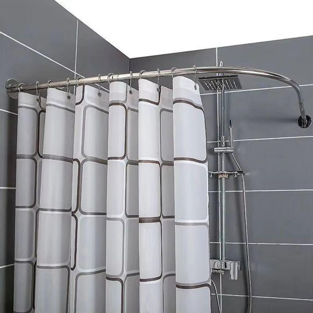 L Shaped Shower Curtain Rail Stainless Steel Anti-Slip Rubber Pads Retractable Rod Metal Surface No Drilling Corner Shower Rail