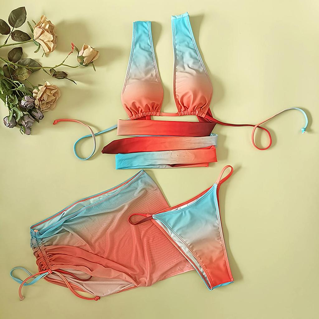 Women's Colorful Three-Piece Bikini Sexy Cross Strap With Chest Pads Without Steel Bra Swimsuit