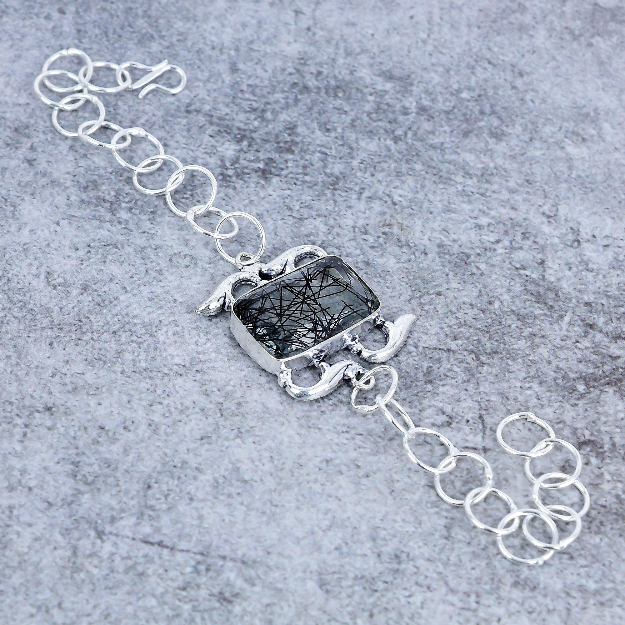 

Black Rutile Gemstone Handmade 925 Sterling Silver Bracelet 7-8 M-2716