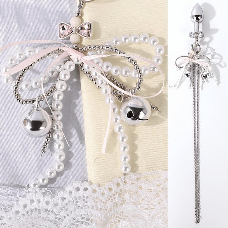French Pearl Bow Metal Anal Plug with Pull Ring - SM Adult Necklace Toy