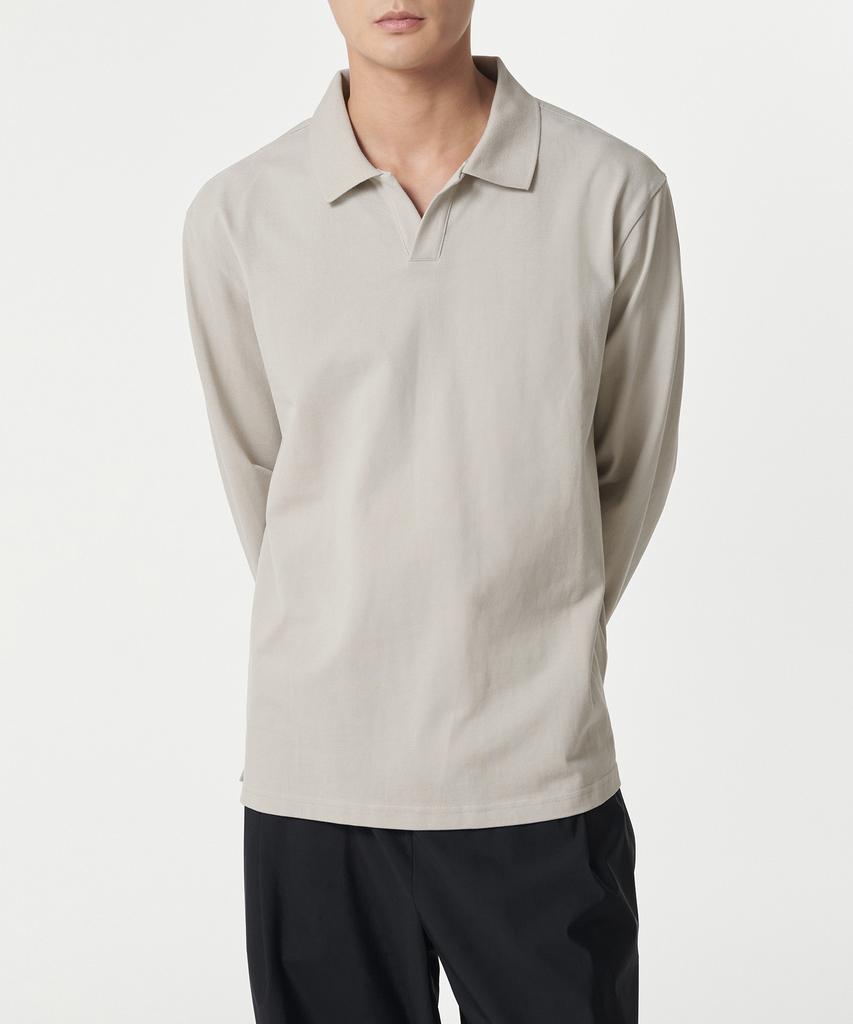 MUSINSA STANDARD Slit Neck Long Sleeve Pique Polo Shirt [Mushroom]