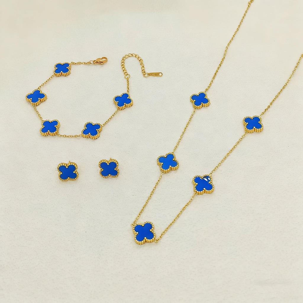 Set de Joyería de Acero de Titanio Madreperla Doble Cara Trébol de Cuatro Hojas con Pulsera, Collar y Pendientes