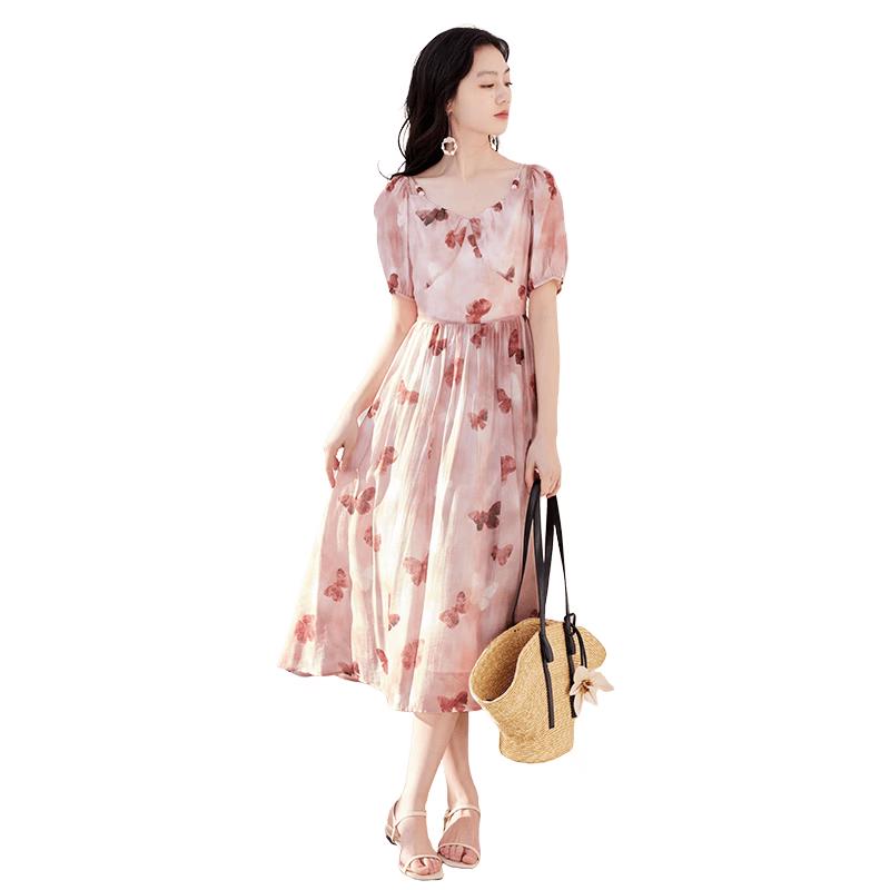 Xiangying Women s Pink Floral V-Neck Midi Dress L