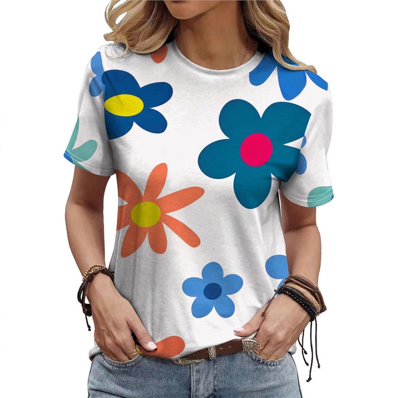 

Women s Colorful Floral 3D Print Round Neck Short Sleeve T-Shirt Extra Large