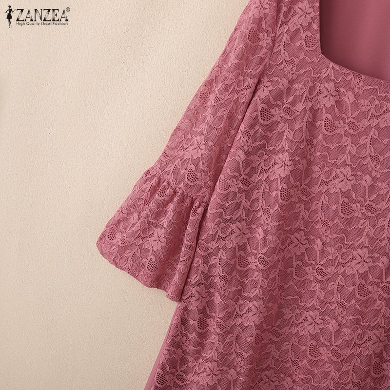 ZANZEA Women Square Collar 3/4 Sleeve Casual Lace Patchwork Elegant Dress