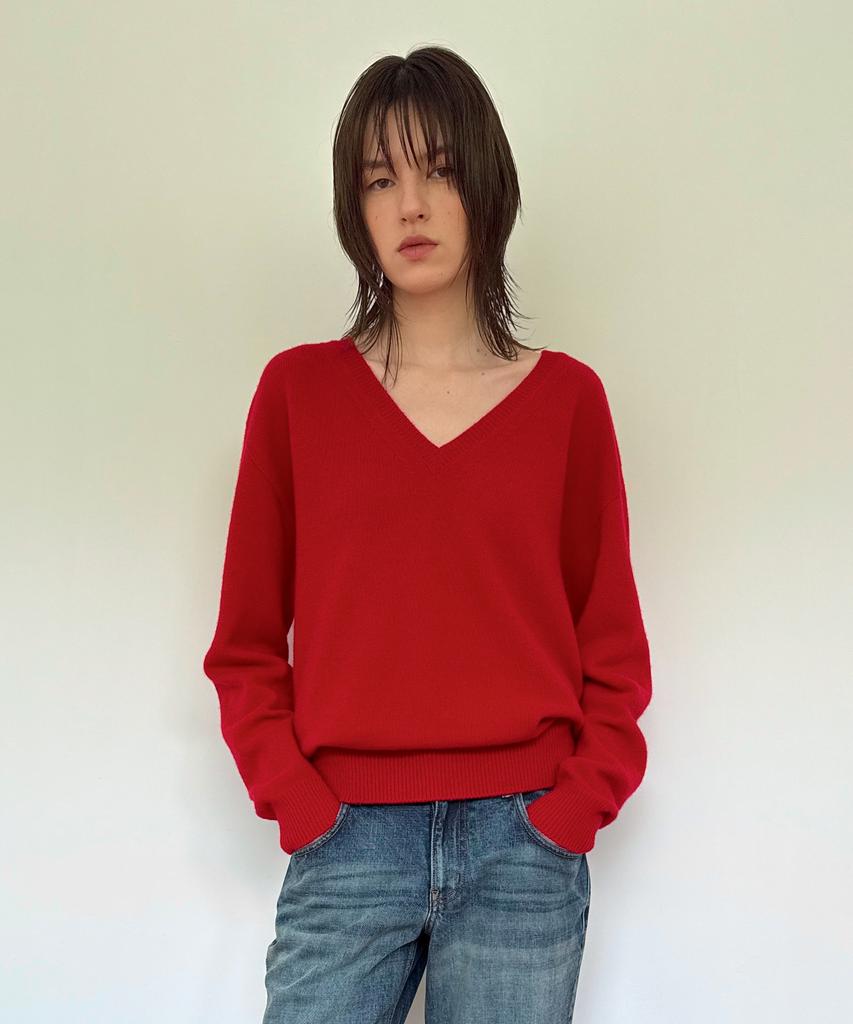 DIAGONAL V Neck Basic Knit (Red)