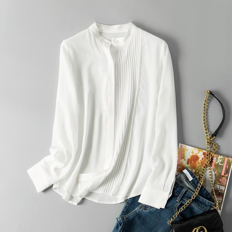 

Женская шелковая блузка с длинным рукавом и плиссировкой – однотонная, с круглым вырезом L