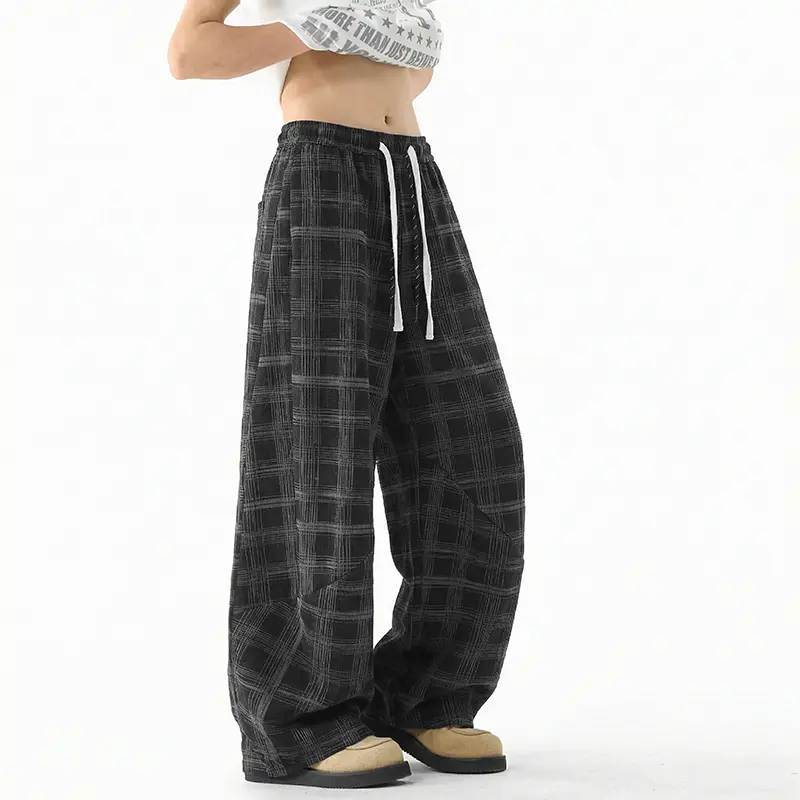 New pants casual pants men's sports plaid striped straight legs long black gray plaid drawstring plaid trousers