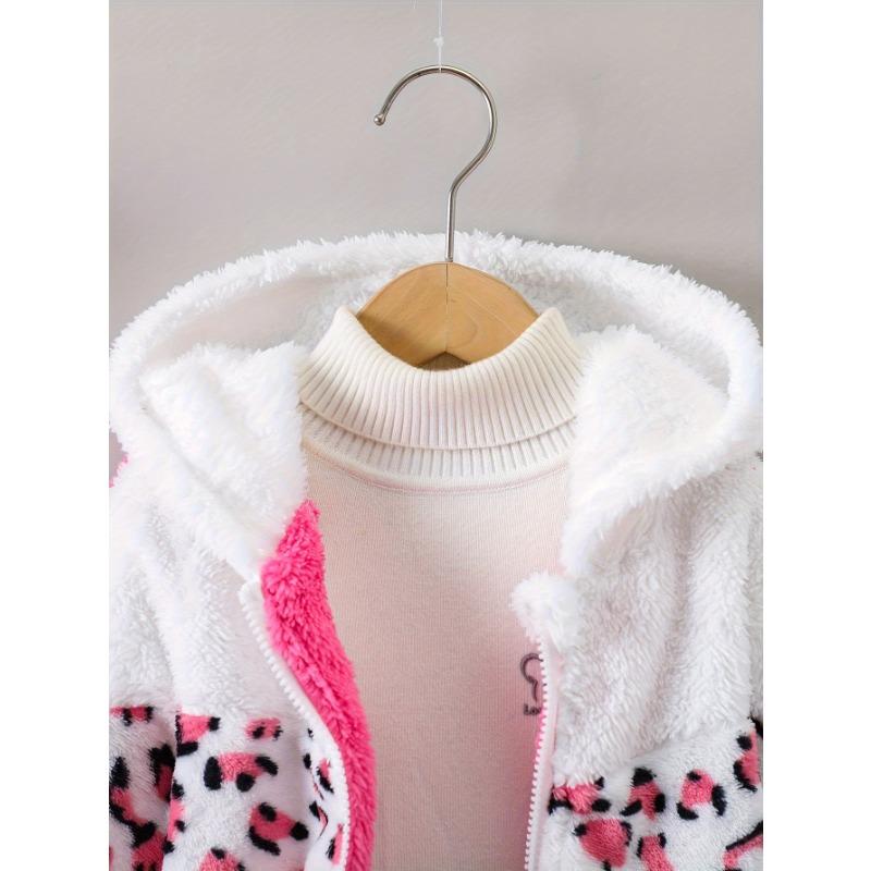 Cozy & Cute Girls' Leopard Print and Pink Fleece-Lined Zip-Up Hoodie Jacket - Warm, Thick Polyester Blend for Autumn/Winter, Long Sleeves,Casual Style