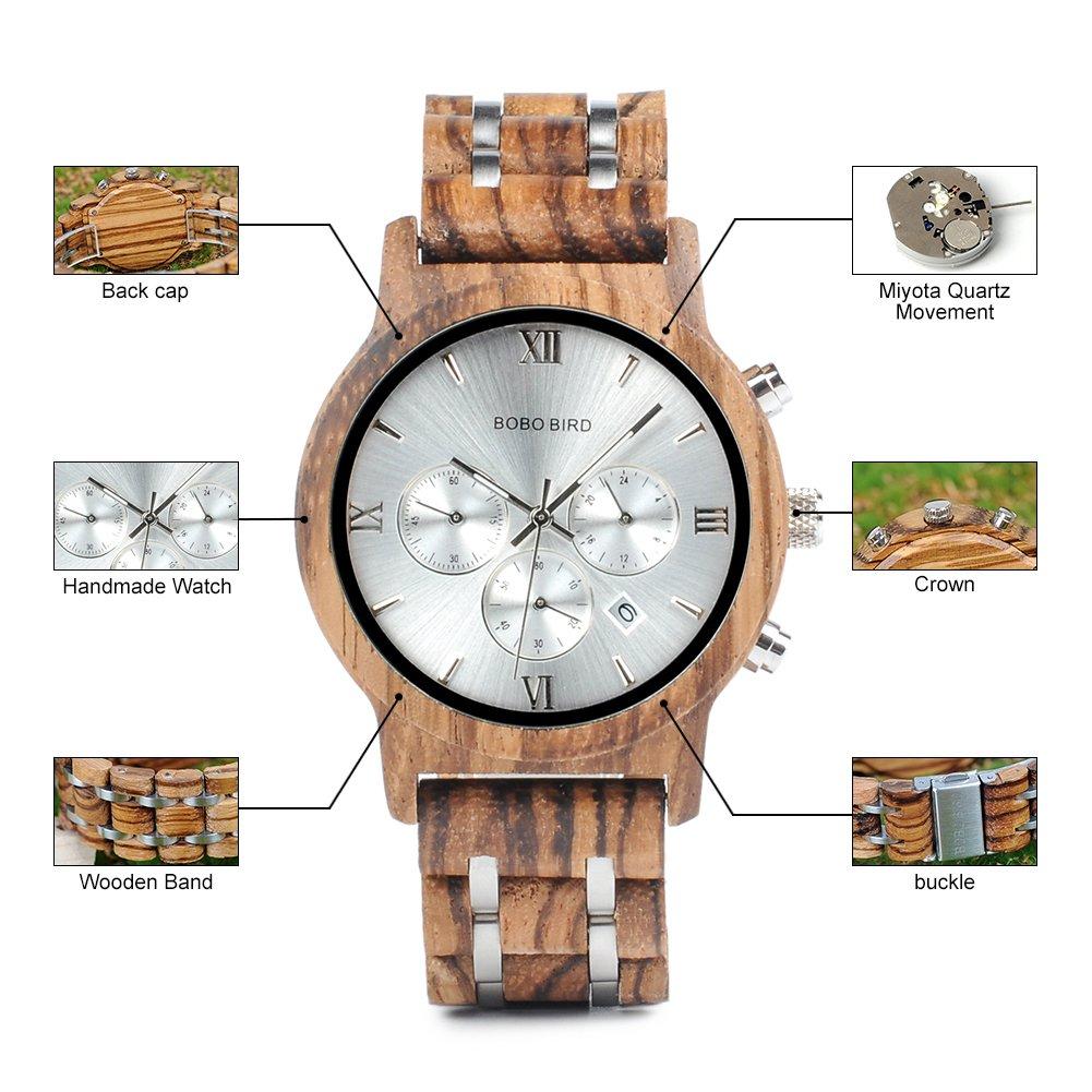 BOBO Bird Wood Watch Luxury Wood Metal Strap Chronograph Date Display Quartz Watch Versatile Watch Metal White Men's Men's