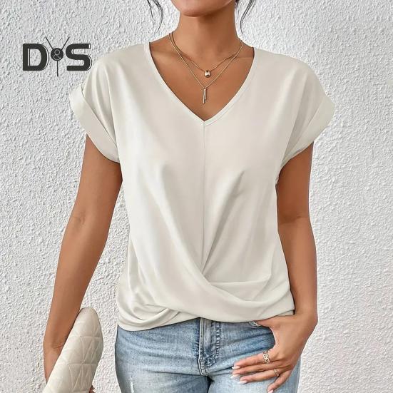 Summer Women Short Sleeve V Neck Shirts Solid Color Casual Breathable Top Versatile Fashion Blouse for Jeans Skirts