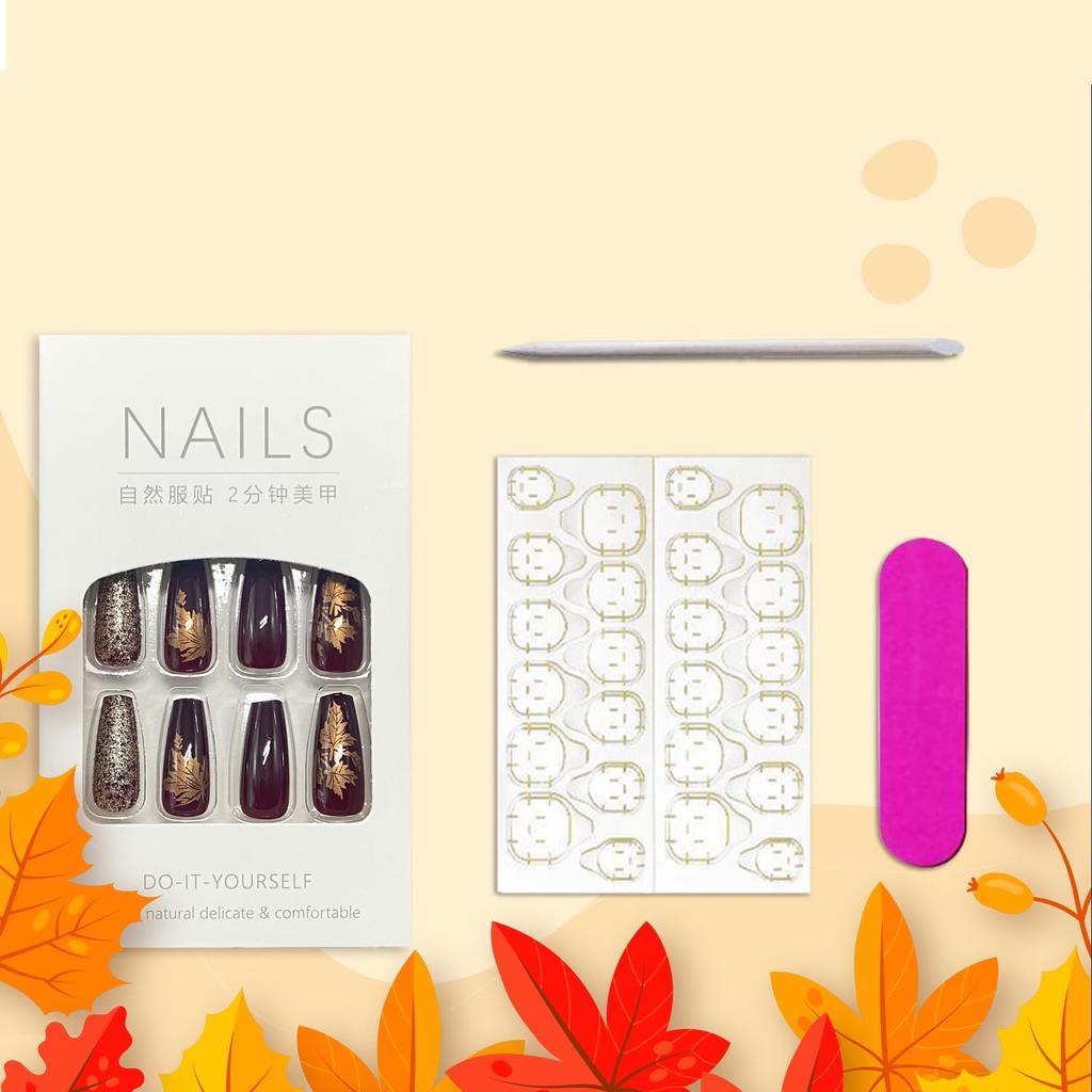 Fall Press on Nails Long Ballerina Coffin Nails Thanksgiving Maple Leaf Acrylic Glue on Nail Glossy Autumn Gold Maple Leaves Fake Nail for Women DIY