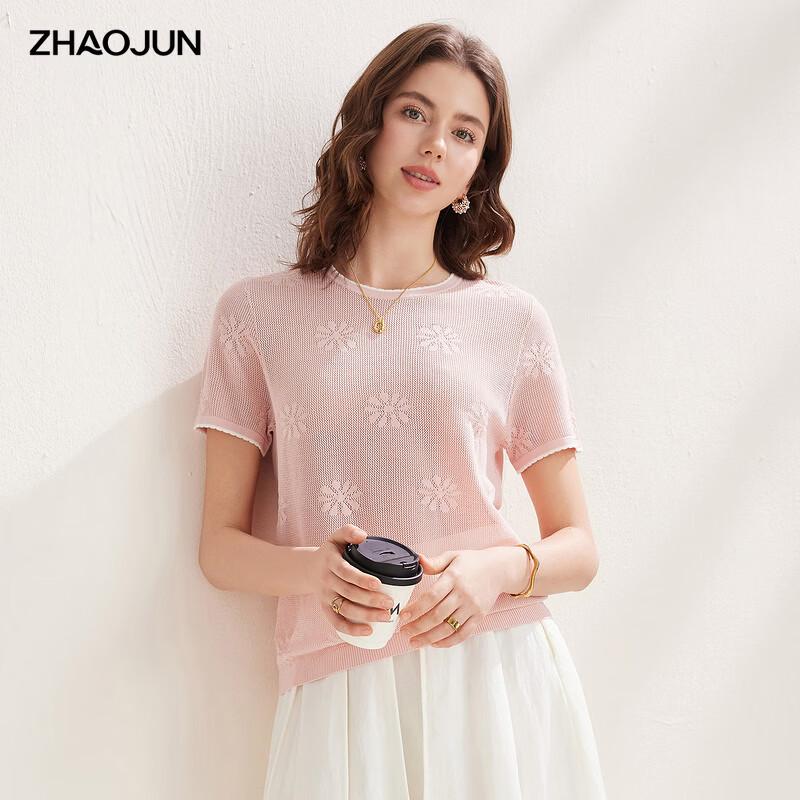 Women s Mulberry Silk Floral Jacquard Knit Short Sleeve Top L