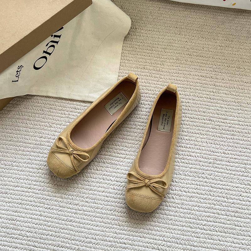 Small inner height increase square head red flat single shoes women's spring and autumn new bow ballet style retro Doudou shoes