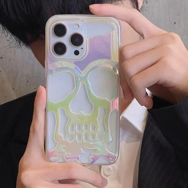 3D Matte Metallic Color Hollow Out Skull Phone Case for iPhone 16 15 13 12 11 14 ProMax 16 15 Plus Fashion Shockproof Soft Cover