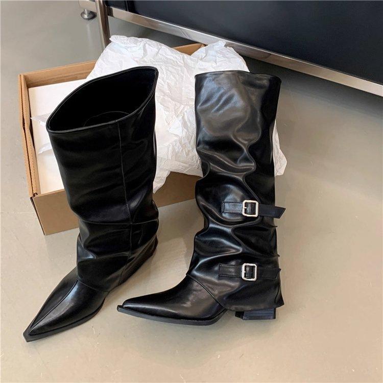 Heel Pants Boots Big Tube Circumference Pointed Head Wide Tube Boots New Year Stacking Boots High Heel Boots Knight Boots