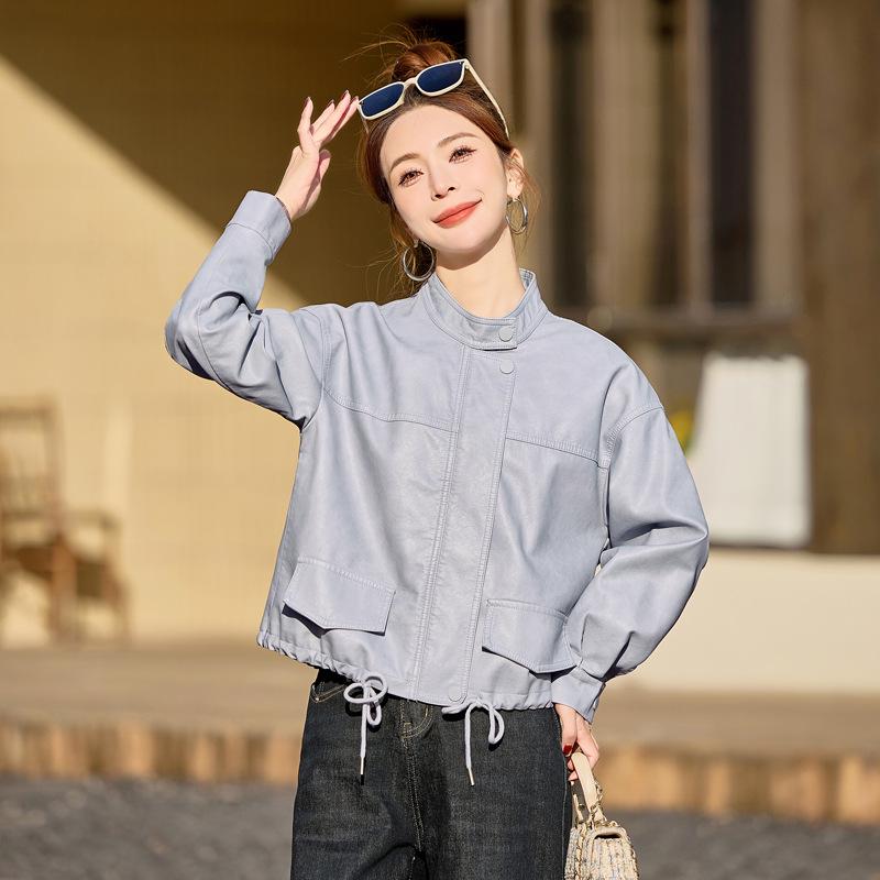 

2025 Spring/Autumn Women s Casual Stand-up Collar PU Leather Jacket XXL (65-70 kg) чёрный