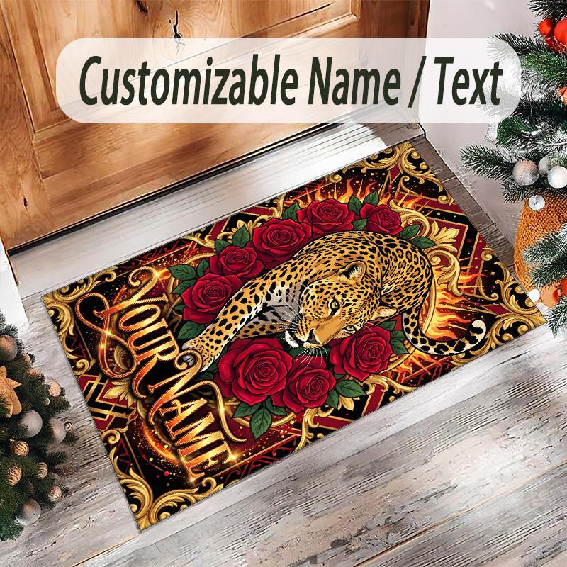 Leopard Theme Crystal Velvet Floor Rug Personalized Custom Name Text Warm Carpet Home Decoration