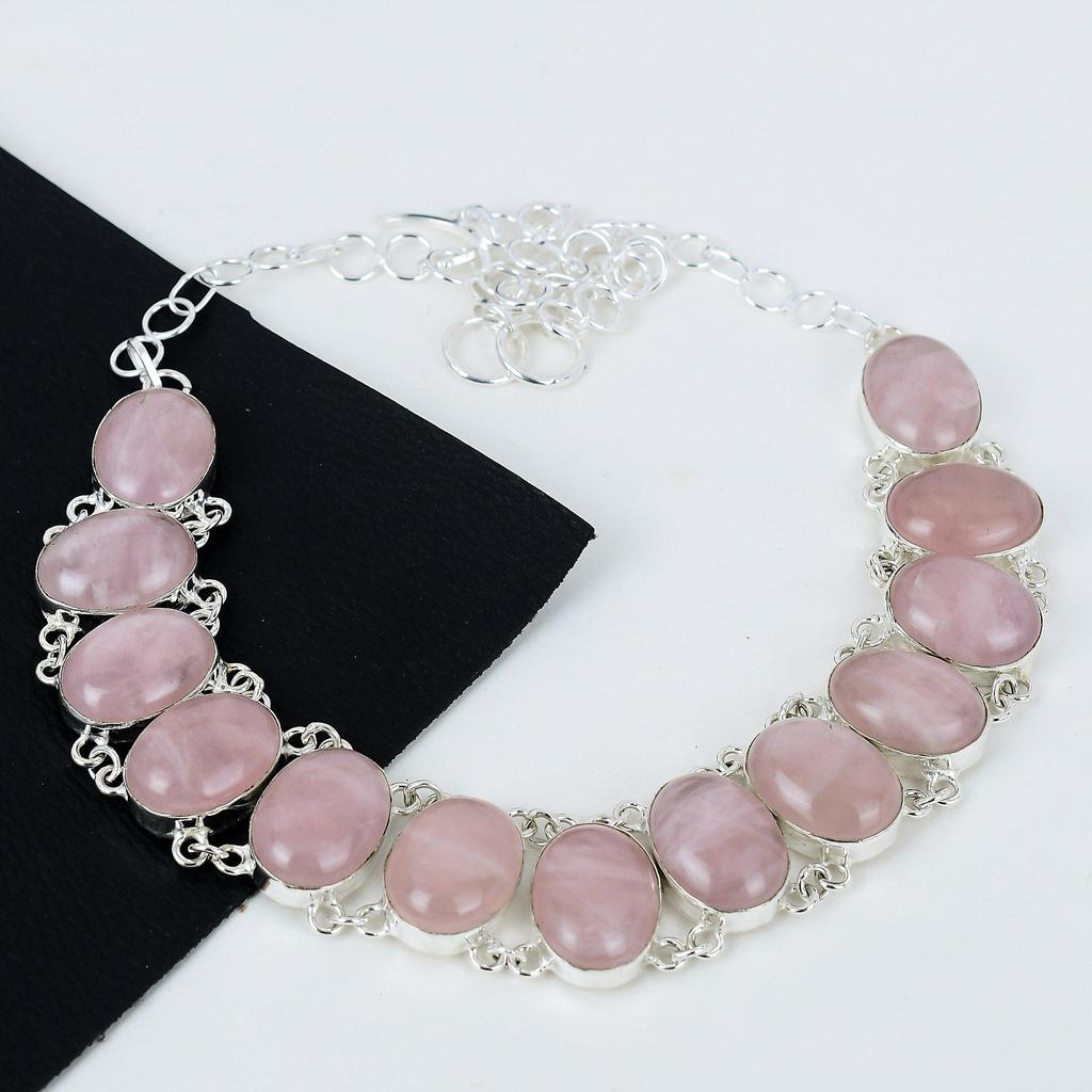 Naturlig Rosenkvarts Ädelsten Handgjord 925 Sterling Silver Elektroform Halsband, Rosenkvarts Silver För Hustru Unisex Hänge Födelsedagspresenter