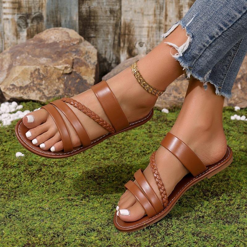 Women's Flat Slippers Women's Spring and Summer New Fashion Lightweight Solid Color Woven Beach Sandal Slippers