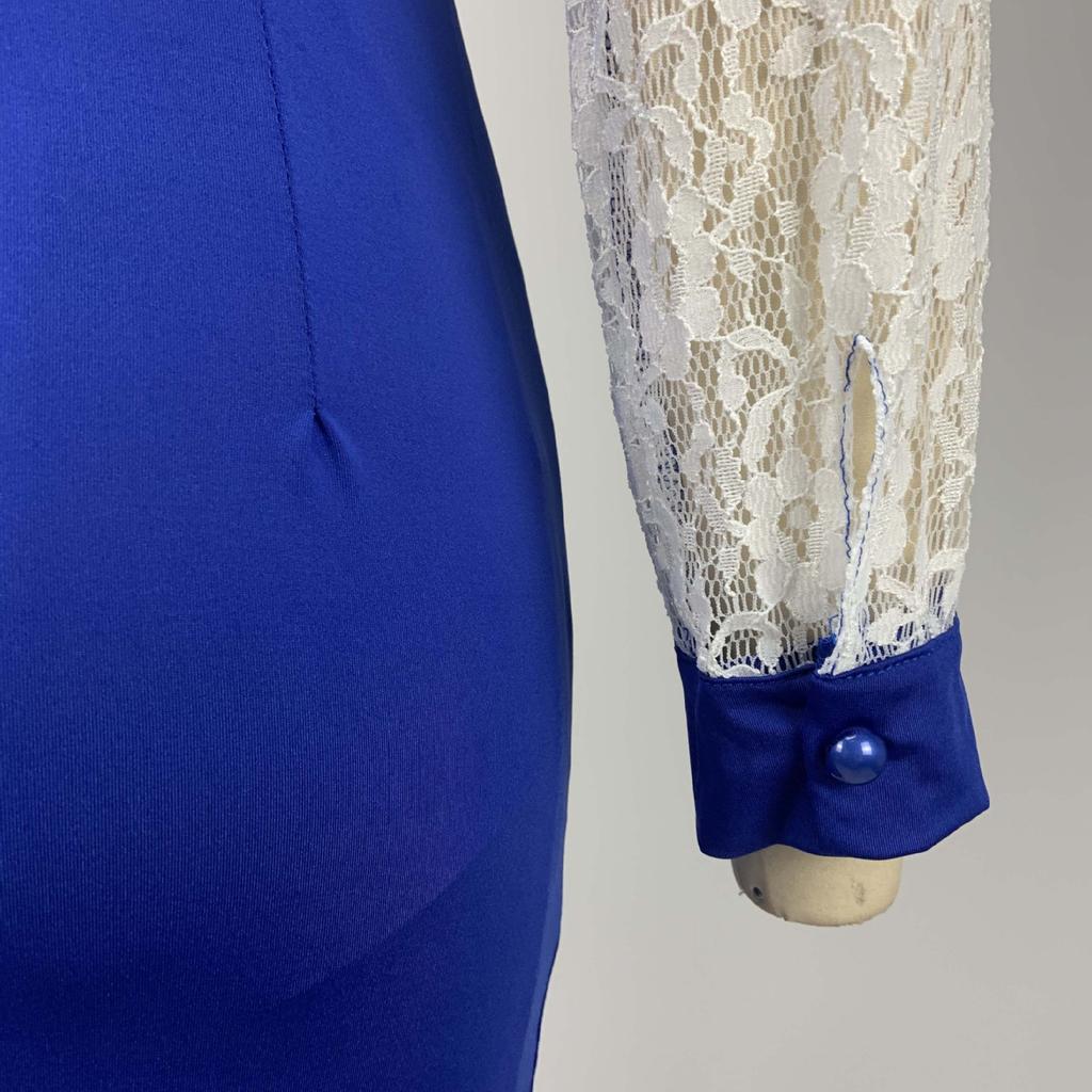 Plus Size Women's Lace Long Sleeve Bodycon Dress Elegant High Waist Patchwork Midi Office Dress
