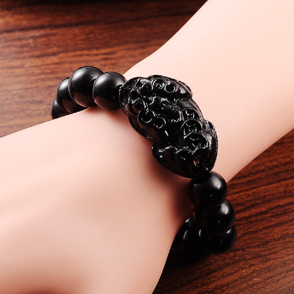 Unisex Men Pixiu Attract Wealth Feng Shui Wristband Good Luck Bangle Obsidian Stone Beads Bracelets