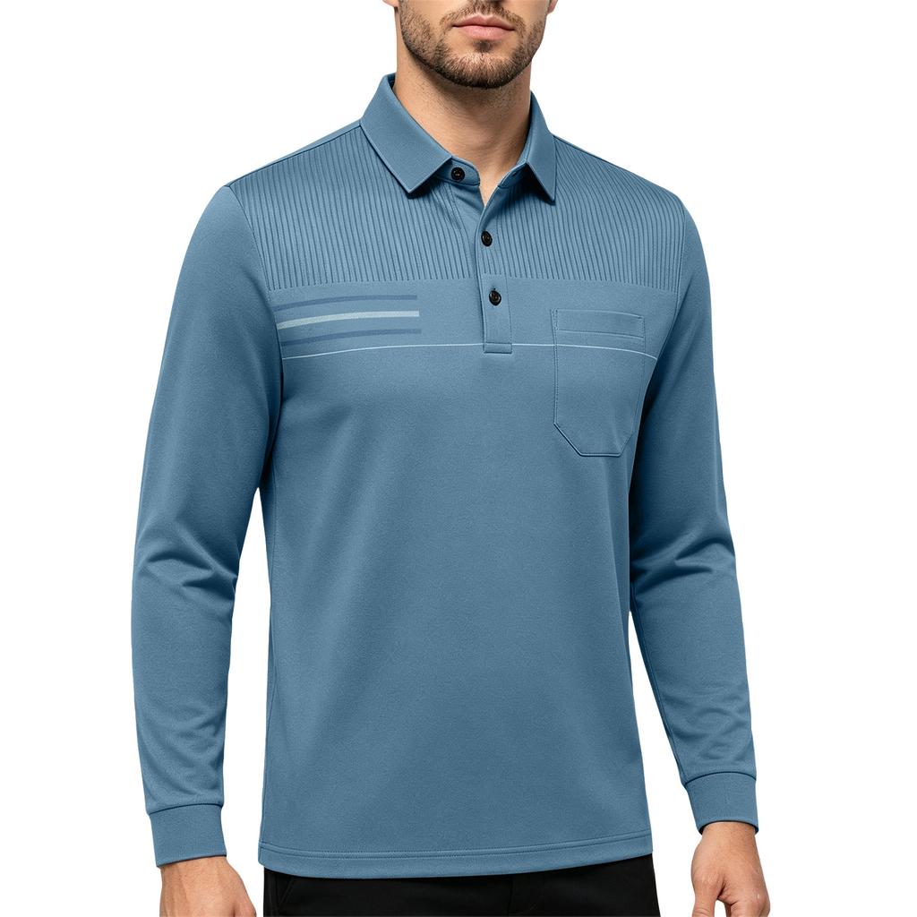 Men's Casual Loose Fit Long Sleeve Polo Shirt Button Down Collar Pocket Design Textured Upper Front Panel Comfortable Fabric