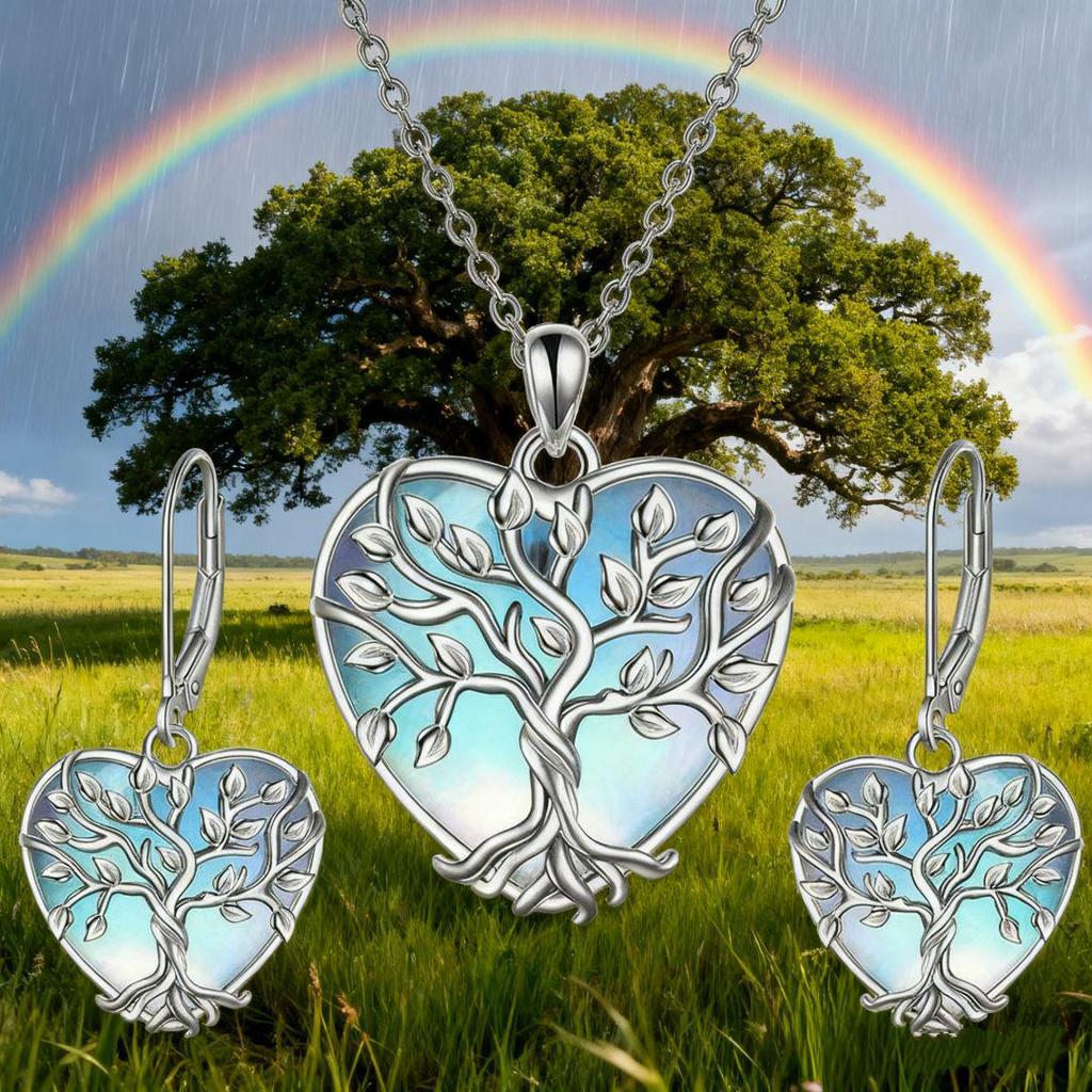 Moonstone Earring & Necklace Set - Heart Tree of Life, Luxurious European & American Style for Women