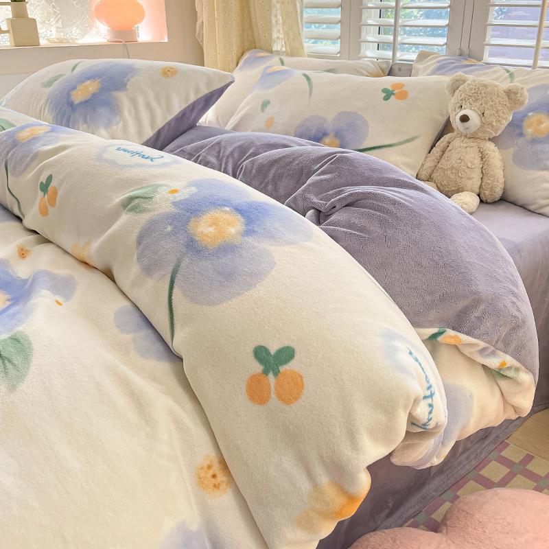 2025 Winter Milk Velvet Bedding Set: Fresh Coral Fleece & Flannel Duvet, Bed Sheet, Pillowcase