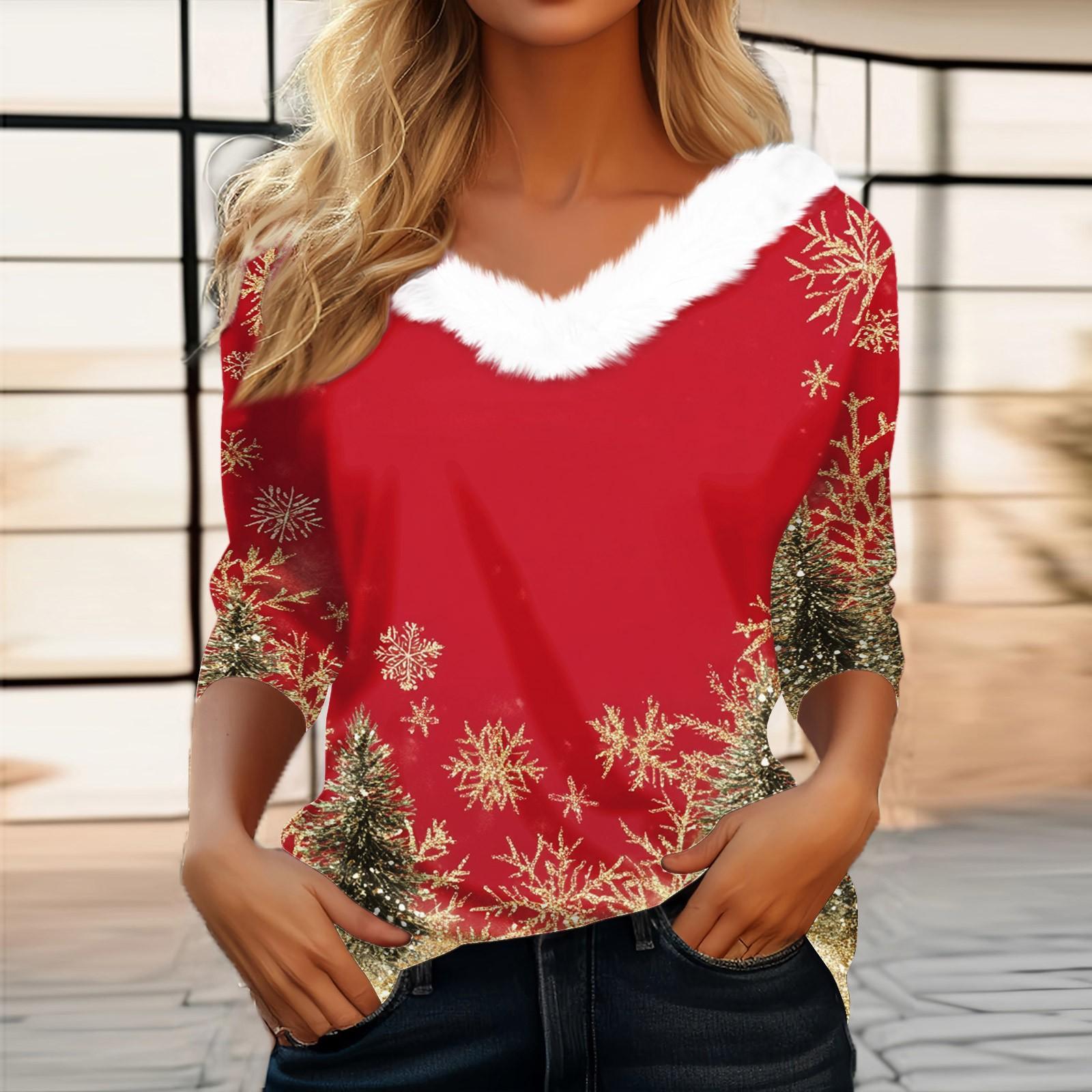 

Женская мода с длинным рукавом и рождественским принтом, праздничный воротник, V-образный вырез XXXL красный