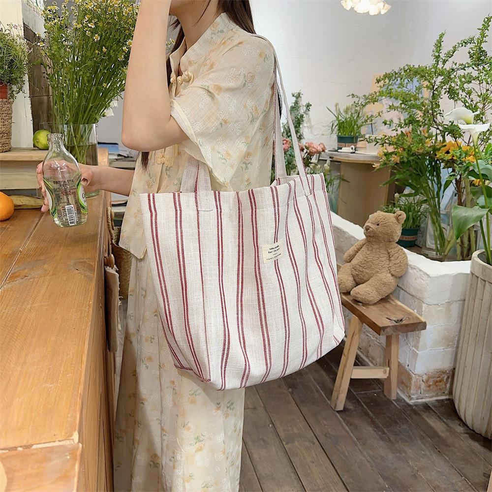 Fashionable Korean Large Capacity Striped Canvas Tote Bag For Spring Summer