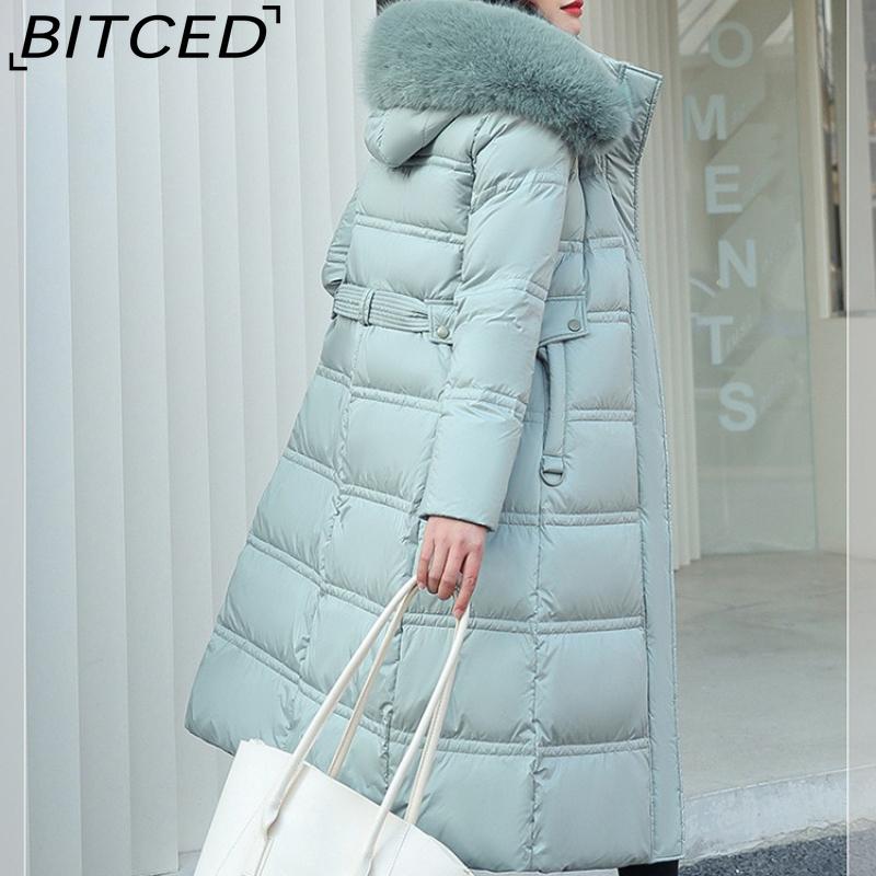 BITCED Winter Down-Filled Cotton Coat for Women - Long Style, Knee-Length, Oversized Fur Collar, Slim-Fit, Belted Design, Cotton