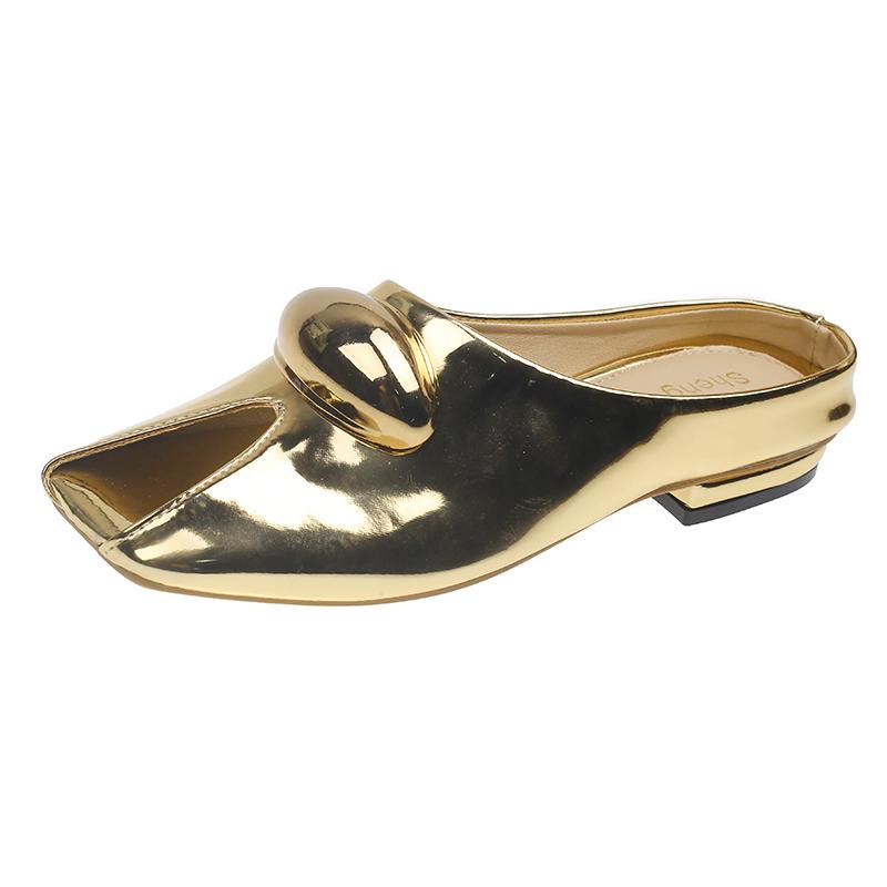 Fashion French Leopard Print Metal Buckle Square Toe Shallow Mouth Baotou Half Slippers Women's Spring and Summer New Slip-on Flats